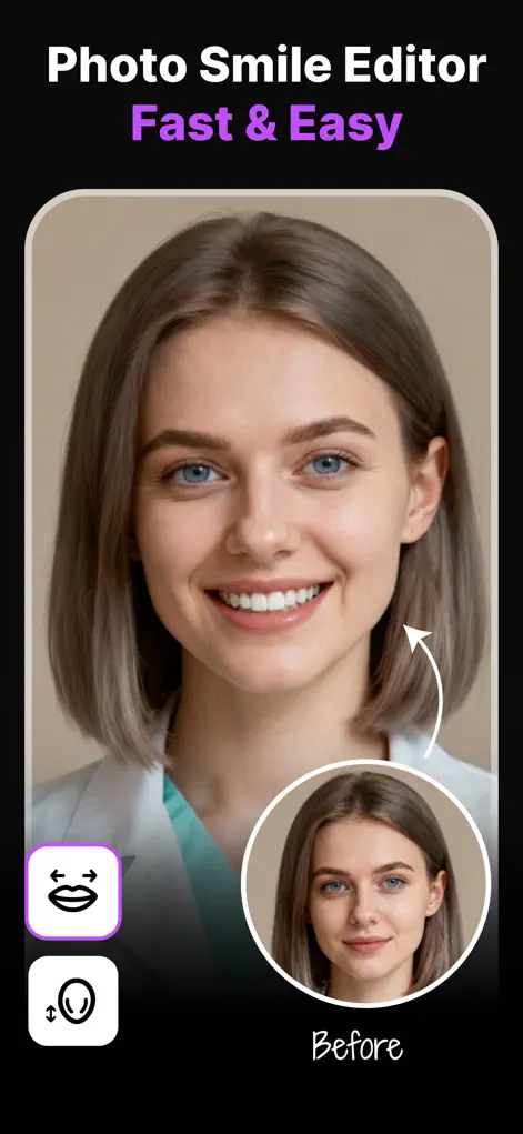 Before and after adding a smile to a photo with Reshot AI smile enhancer